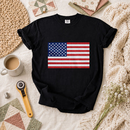 Cross Stitch American Flag Patriotic Quilt T-Shirt - Black