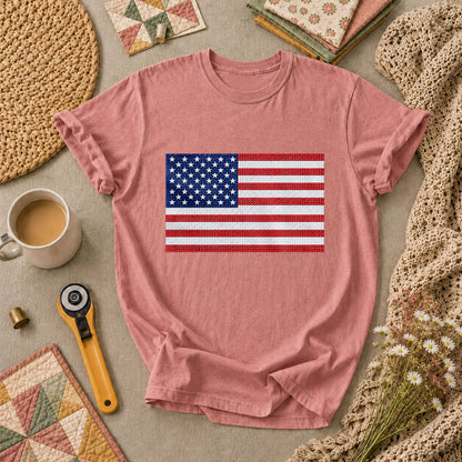 Cross Stitch American Flag Patriotic Quilt T-Shirt - Heather Mauve