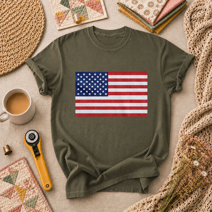 Cross Stitch American Flag Patriotic Quilt T-Shirt - Military Green