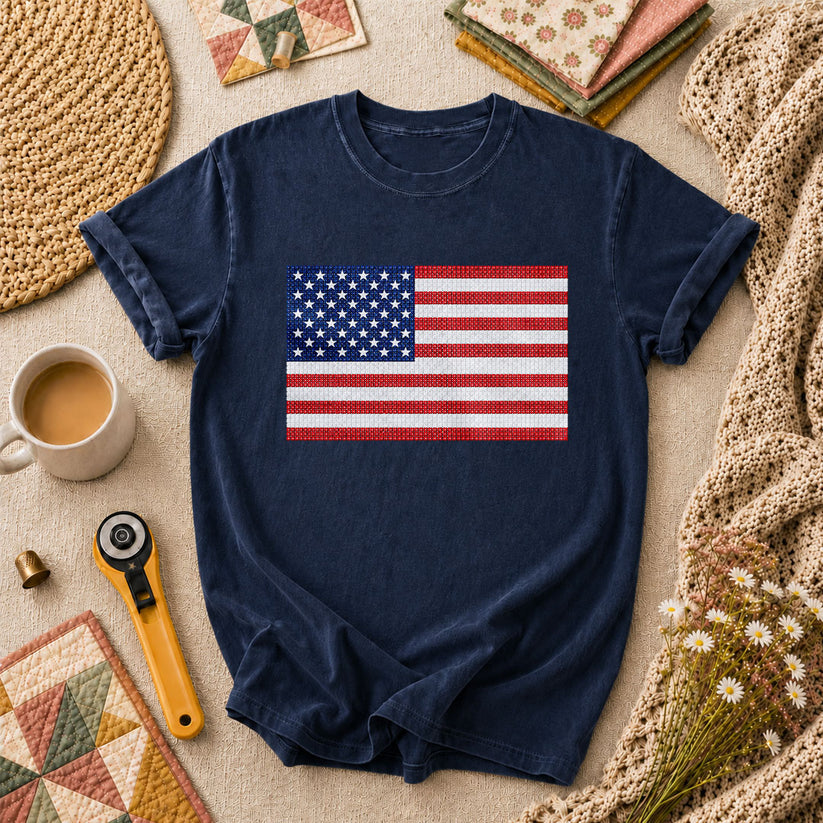 Cross Stitch American Flag Patriotic Quilt T-Shirt - Navy