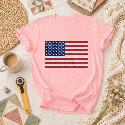 Cross Stitch American Flag Patriotic Quilt T-Shirt - Pink