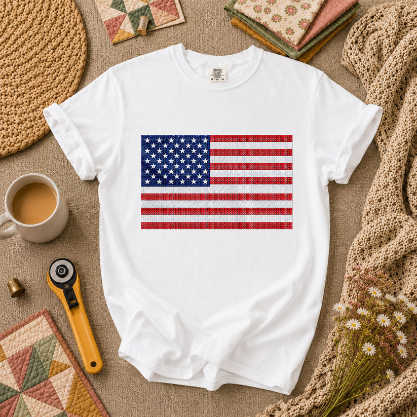 Cross Stitch American Flag Patriotic Quilt T-Shirt - White