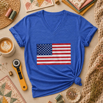 Cross Stitch American Flag Patriotic Quilt Women's V-Neck - Heather True Royal