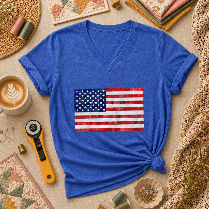 Cross Stitch American Flag Patriotic Quilt Women's V-Neck - Heather True Royal