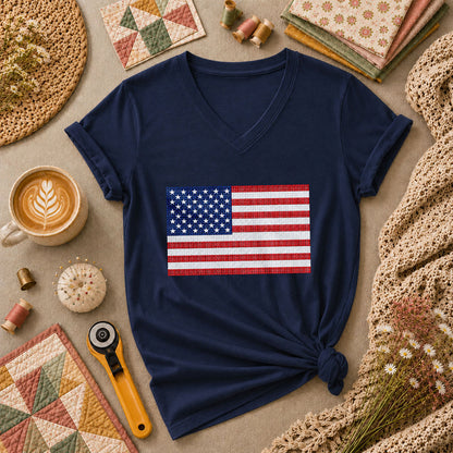 Cross Stitch American Flag Patriotic Quilt Women's V-Neck - Navy