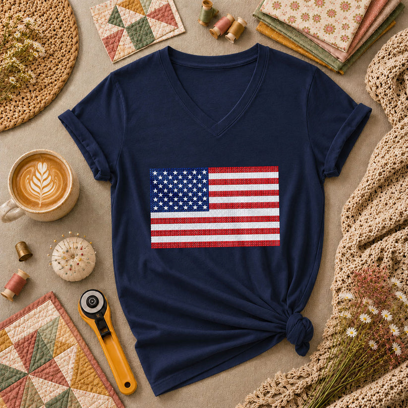 Cross Stitch American Flag Patriotic Quilt Women's V-Neck - Navy