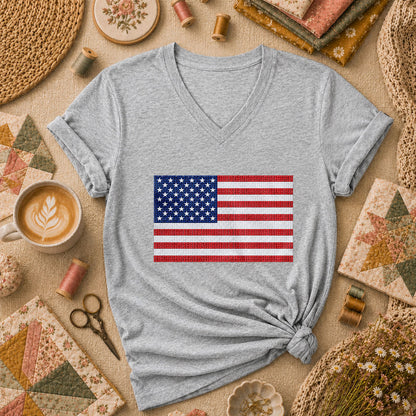 Cross Stitch American Flag Patriotic Quilt Women's V-Neck - Sport Grey