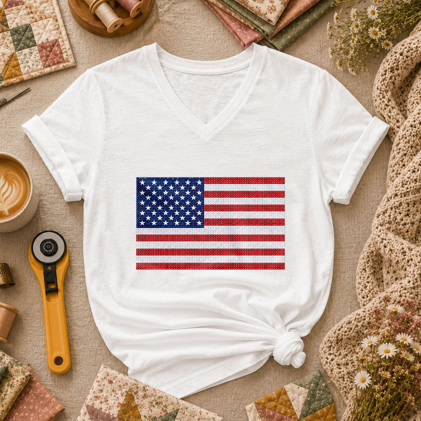 Cross Stitch American Flag Patriotic Quilt Women's V-Neck - White