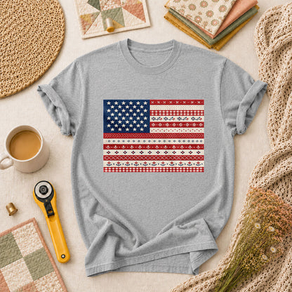 Cross Stitch American Flag Patriotic T-Shirt - Athletic Heather