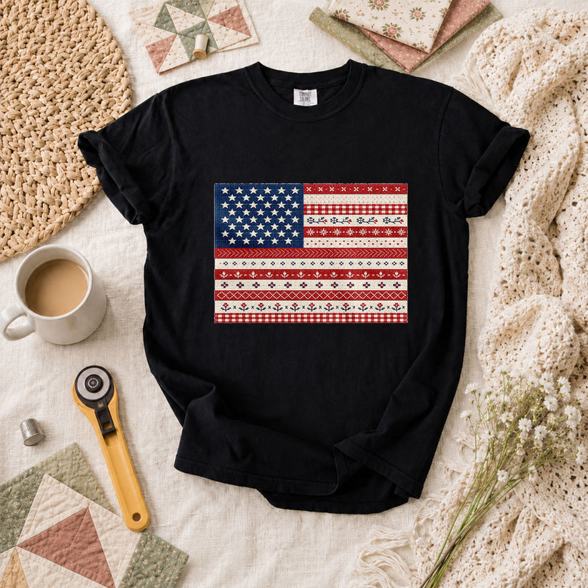 Cross Stitch American Flag Patriotic T-Shirt - Black