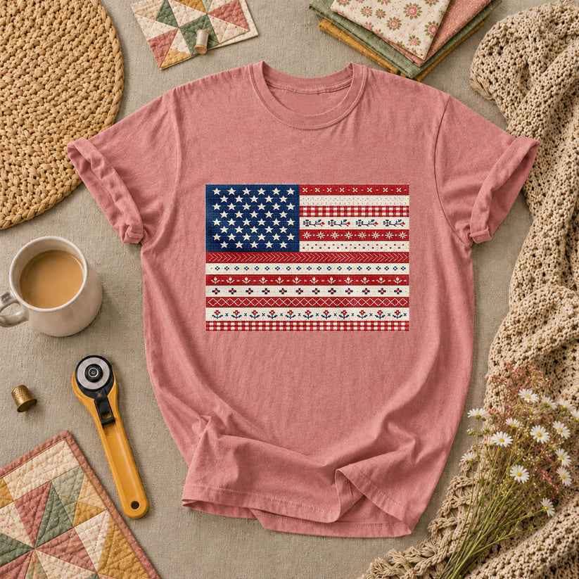 Cross Stitch American Flag Patriotic T-Shirt - Heather Mauve