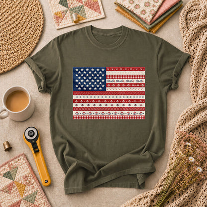 Cross Stitch American Flag Patriotic T-Shirt - Military Green
