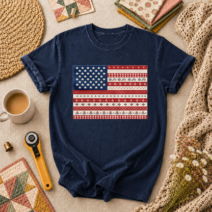 Cross Stitch American Flag Patriotic T-Shirt - Navy