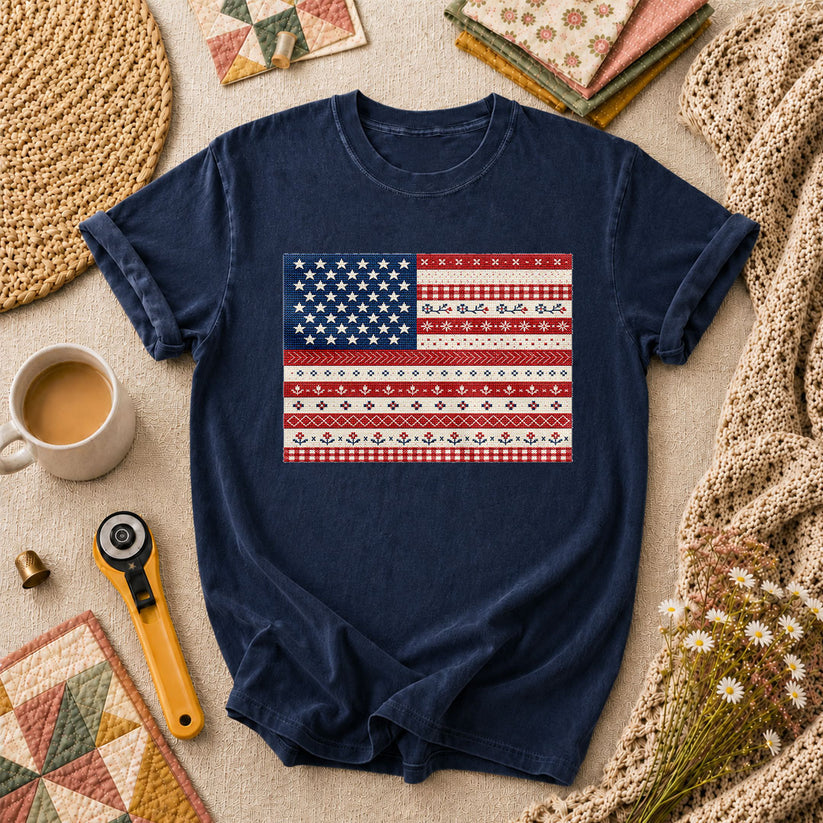 Cross Stitch American Flag Patriotic T-Shirt - Navy