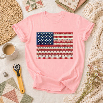 Cross Stitch American Flag Patriotic T-Shirt - Pink
