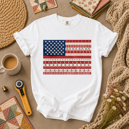 Cross Stitch American Flag Patriotic T-Shirt - White