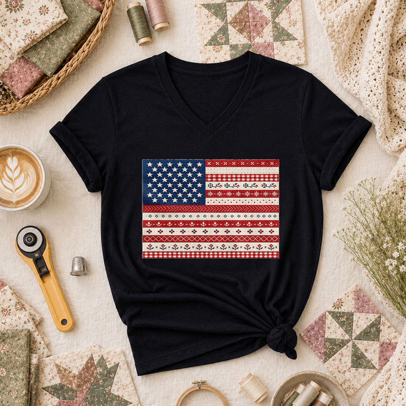 Cross Stitch American Flag Patriotic Women's V-Neck - Black