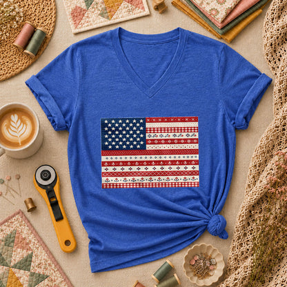 Cross Stitch American Flag Patriotic Women's V-Neck - Heather True Royal