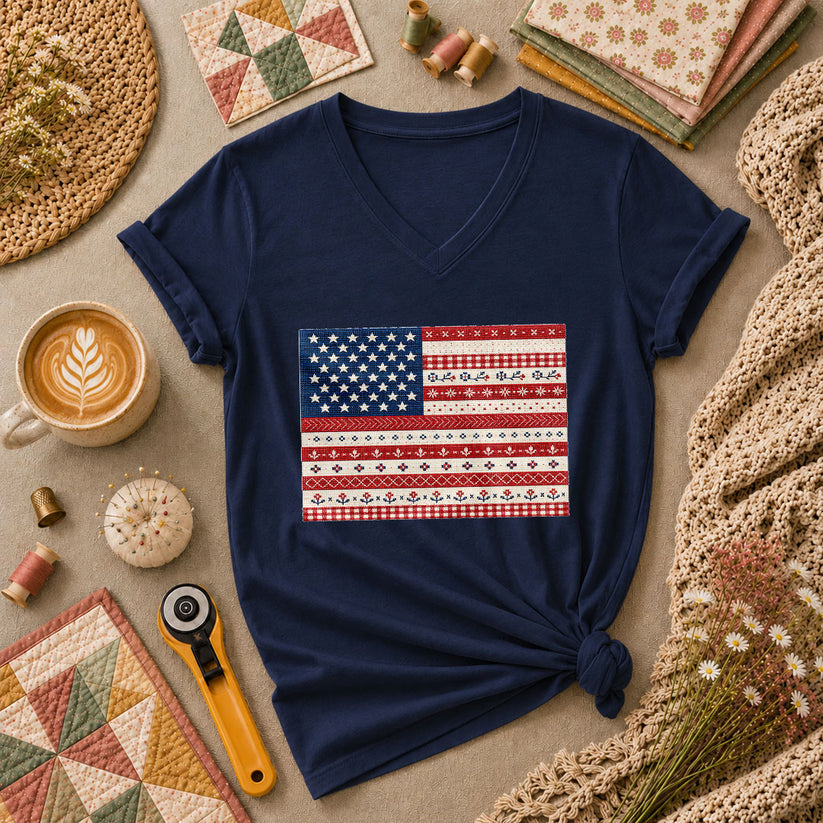 Cross Stitch American Flag Patriotic Women's V-Neck - Navy