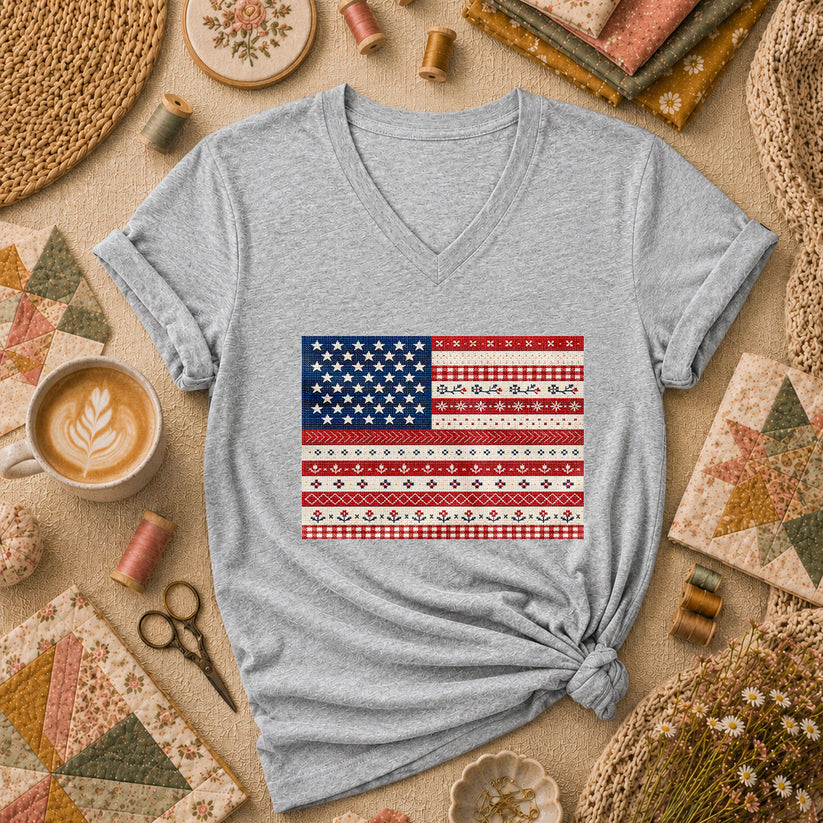 Cross Stitch American Flag Patriotic Women's V-Neck - Sport Grey