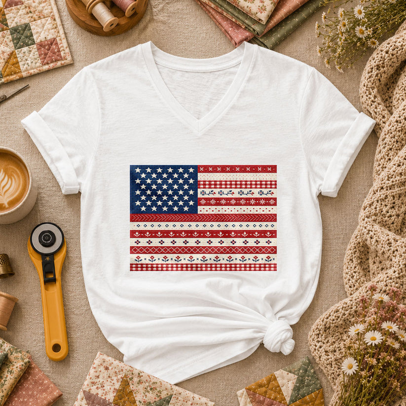 Cross Stitch American Flag Patriotic Women's V-Neck - White