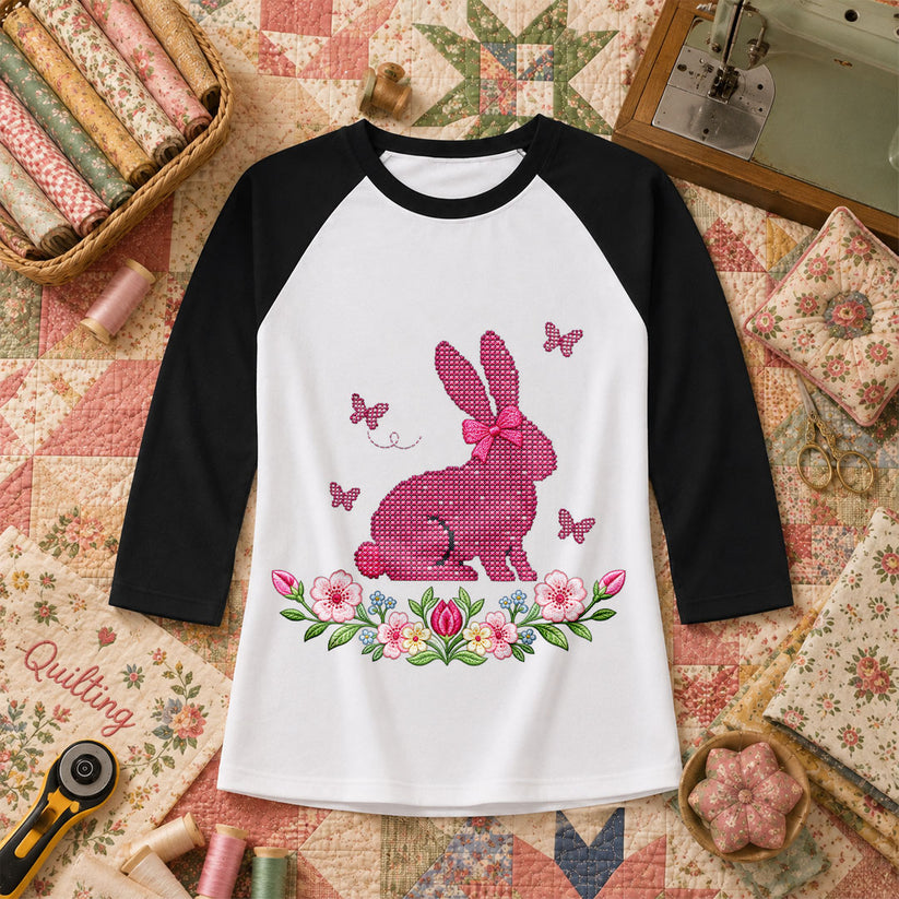 Cross Stitch Bunny Pink Floral Raglan Sleeve - Black