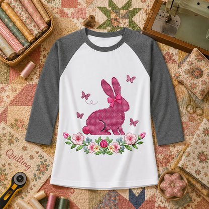 Cross Stitch Bunny Pink Floral Raglan Sleeve - Deep Heather
