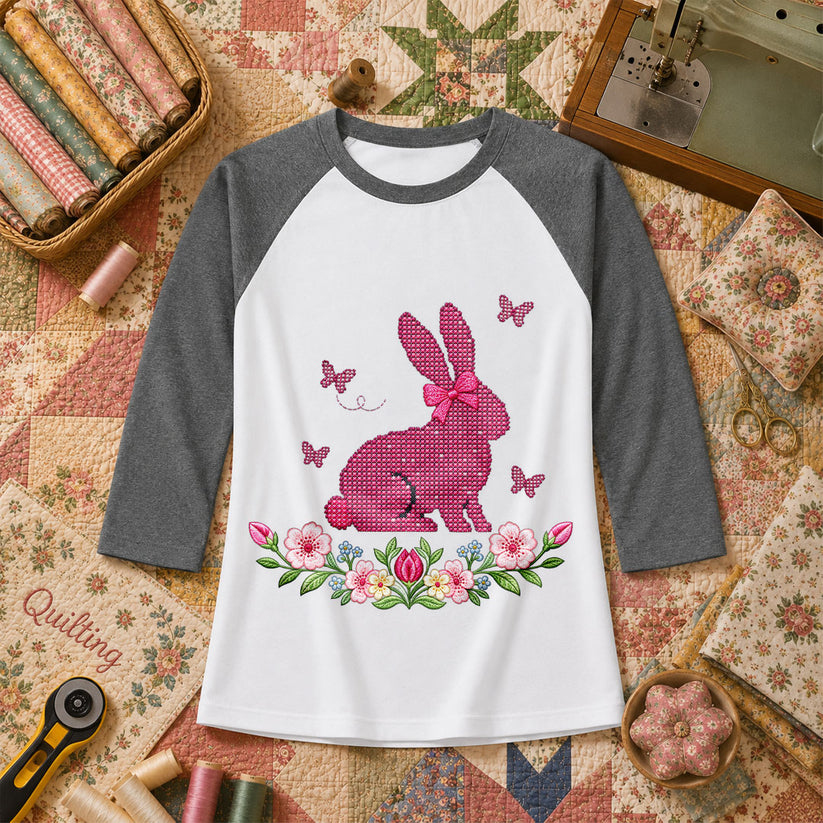 Cross Stitch Bunny Pink Floral Raglan Sleeve - Deep Heather