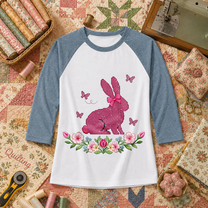 Cross Stitch Bunny Pink Floral Raglan Sleeve - Denim