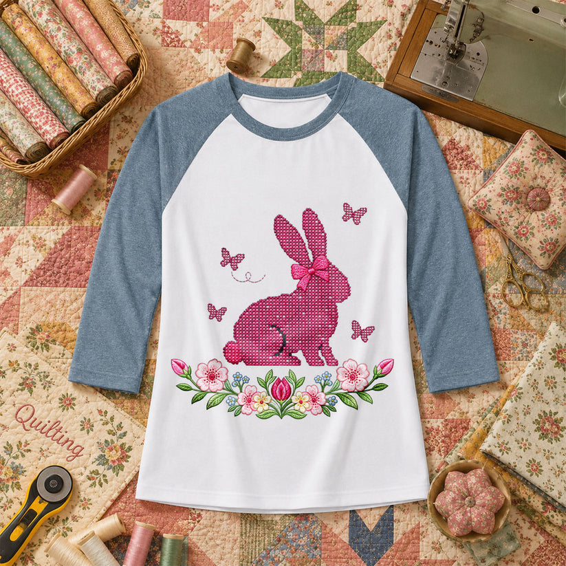 Cross Stitch Bunny Pink Floral Raglan Sleeve - Denim