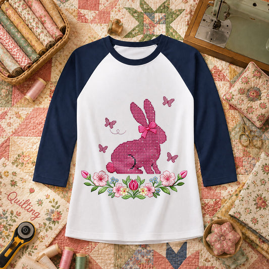 Cross Stitch Bunny Pink Floral Raglan Sleeve - Navy