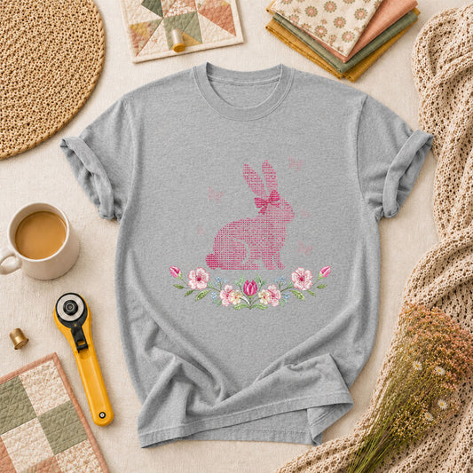 Cross Stitch Bunny Pink Floral T-Shirt - Athletic Heather