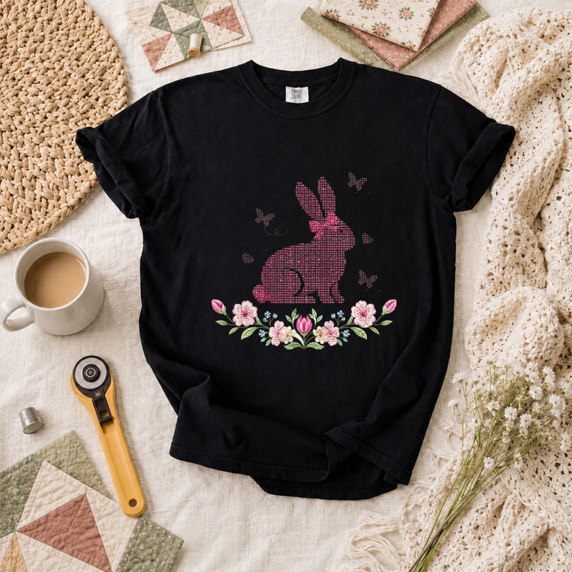 Cross Stitch Bunny Pink Floral T-Shirt - Black