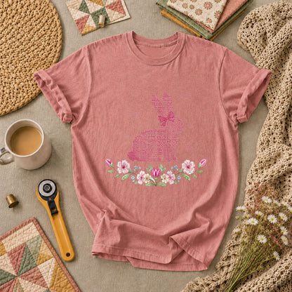 Cross Stitch Bunny Pink Floral T-Shirt - Heather Mauve