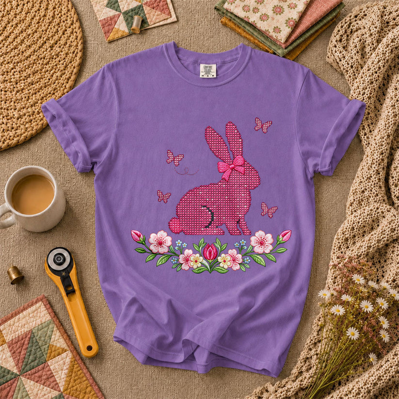 Cross Stitch Bunny Pink Floral T-Shirt - Heather Team Purple