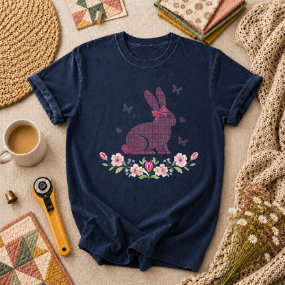 Cross Stitch Bunny Pink Floral T-Shirt - Navy