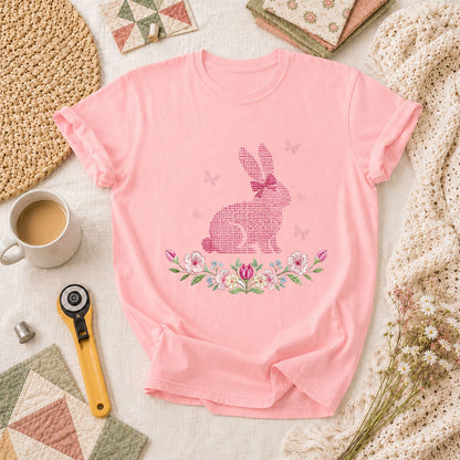 Cross Stitch Bunny Pink Floral T-Shirt - Pink