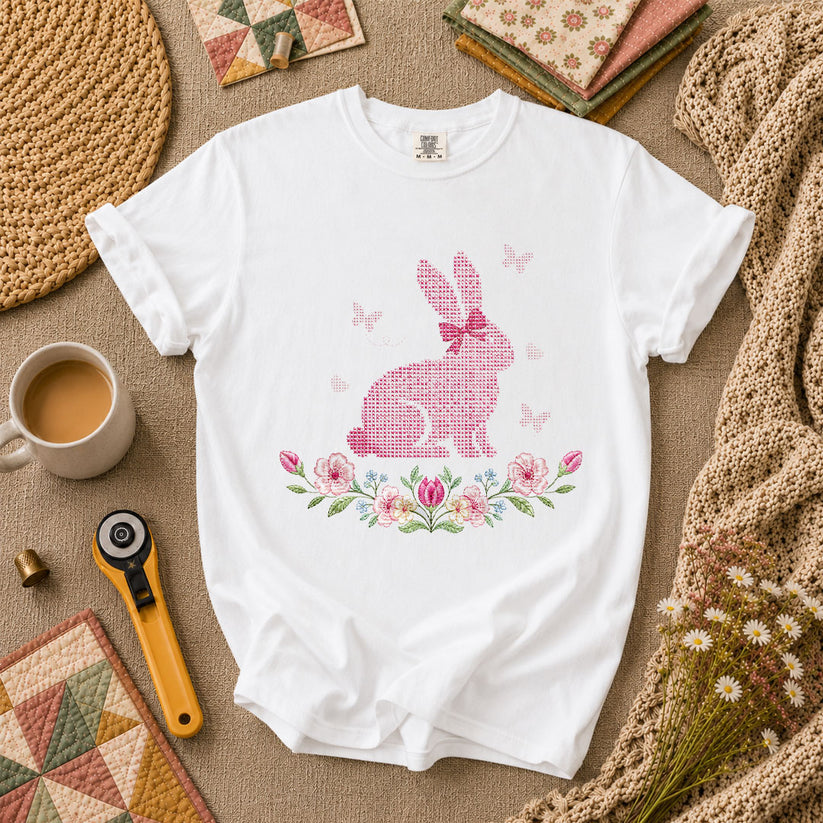 Cross Stitch Bunny Pink Floral T-Shirt - White