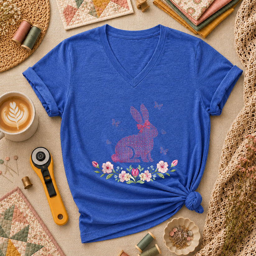 Cross Stitch Bunny Pink Floral Women's V-Neck - Heather True Royal