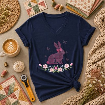 Cross Stitch Bunny Pink Floral Women's V-Neck - Navy