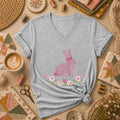Cross Stitch Bunny Pink Floral Women's V-Neck
