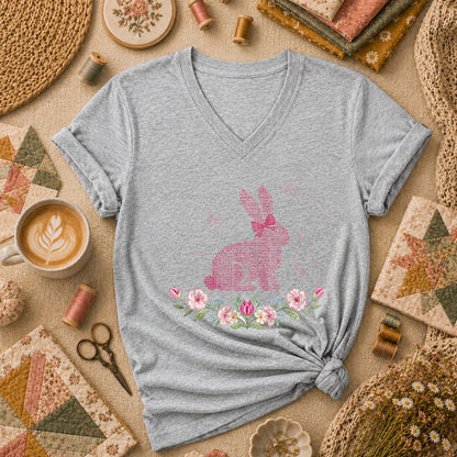 Cross Stitch Bunny Pink Floral Women's V-Neck - Sport Grey