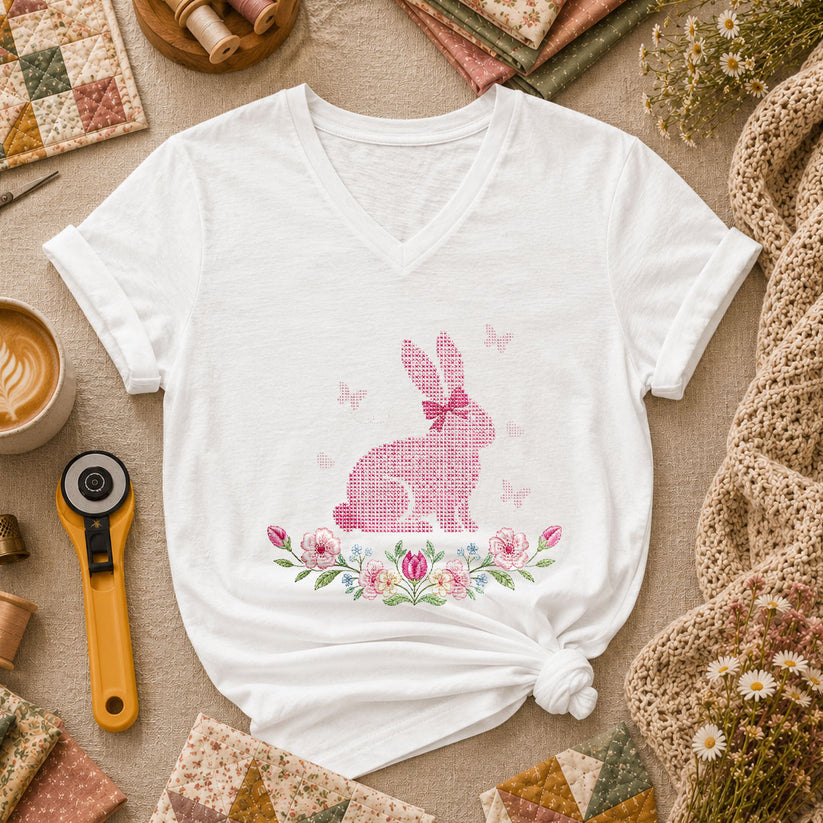 Cross Stitch Bunny Pink Floral Women's V-Neck - White