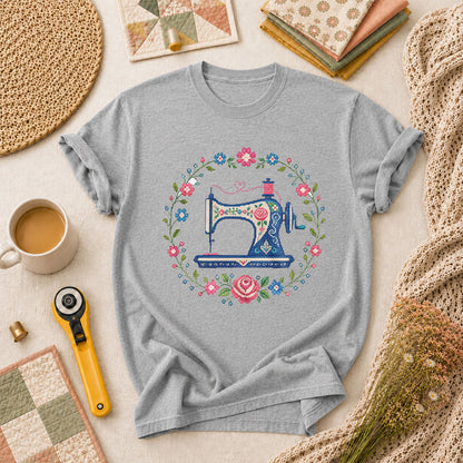 Cross Stitch Sewing Machine Floral Wreath T-Shirt - Athletic Heather