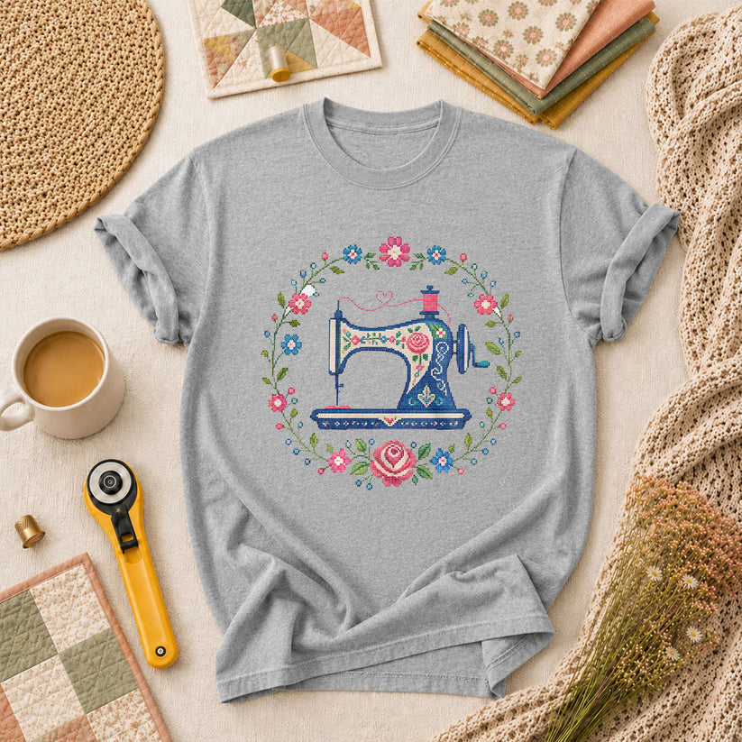 Cross Stitch Sewing Machine Floral Wreath T-Shirt - Athletic Heather