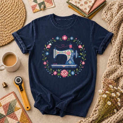 Cross Stitch Sewing Machine Floral Wreath T-Shirt - Navy