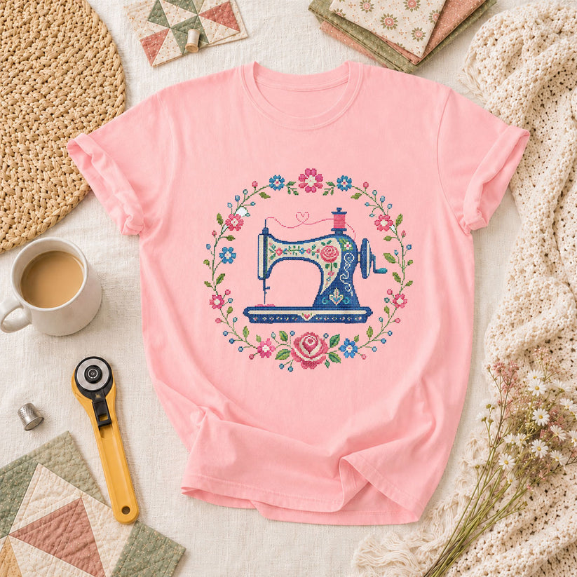 Cross Stitch Sewing Machine Floral Wreath T-Shirt - Pink