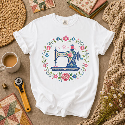 Cross Stitch Sewing Machine Floral Wreath T-Shirt - White