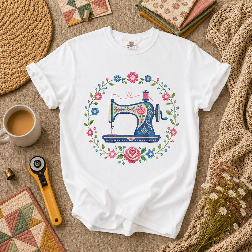 Cross Stitch Sewing Machine Floral Wreath T-Shirt - White