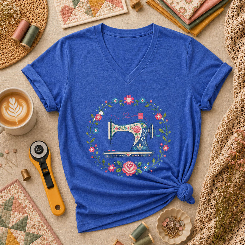 Cross Stitch Sewing Machine Floral Wreath Women's V-Neck - Heather True Royal